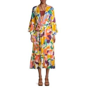 True Destinations Cover Up Dress Women's L Colorful Multi Abstract Maxi
